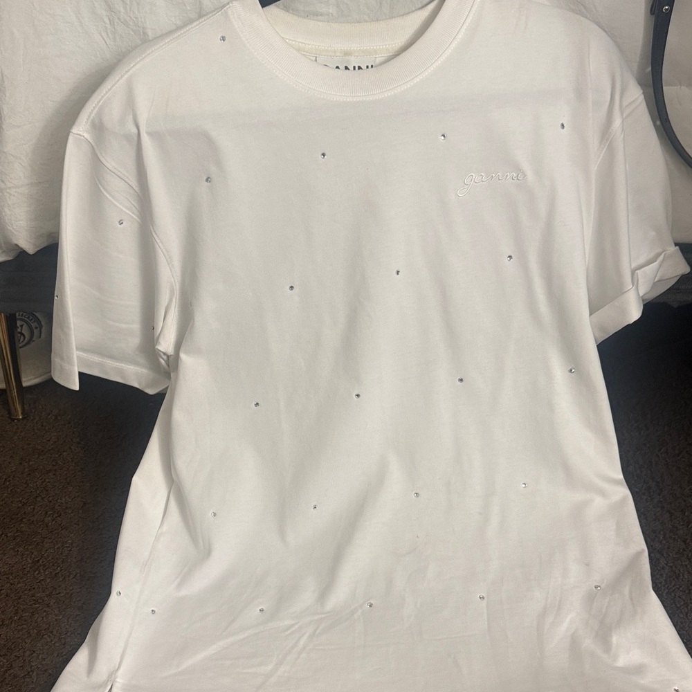 Ganni White Embellished Womans Tee
